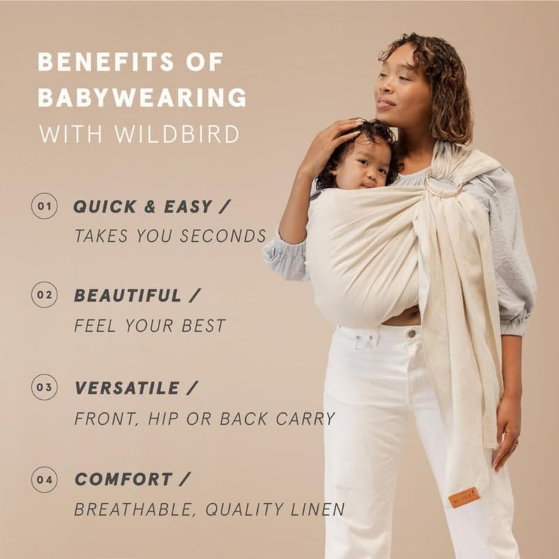 WildBird - حاملة أطفال ذات حبال دائرية - حديثي الولادة حتى وزن 35 رطلاً - للأمهات والآباء ومقدمي الرعاية - 100% ألياف الكتان الأوروبية الطبيعية - متعددة الاستخدامات وقابلة للتعديل - مقاس 90 - قماش العصفور وحلقة من الذهب الوردي - Image 3